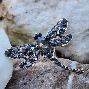 Large Dragonfly Silver Brooch Pendant Bright Black Crystals